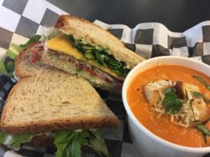 Vegetarian Sandwich and Tomato Bisque Soup at Big City Coffee + Market Bar in Madisonville